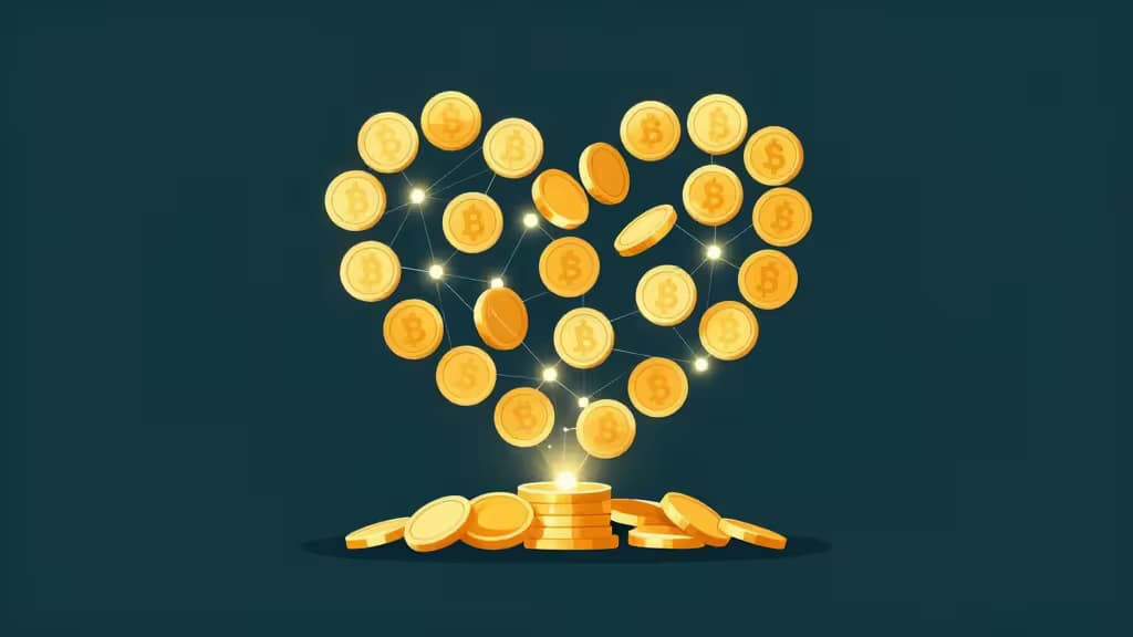 Golden Bitcoin coins form a glowing heart above stacked coins on dark teal, symbolizing crypto donations for nonprofits.