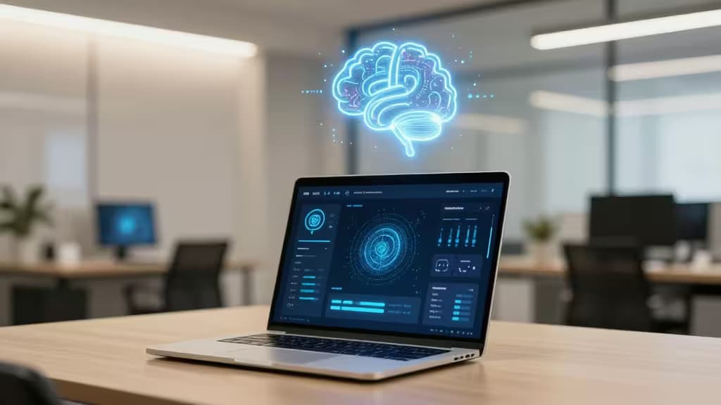Laptop displays AI interface with glowing brain icon, symbolizing smart HR tech for onboarding.