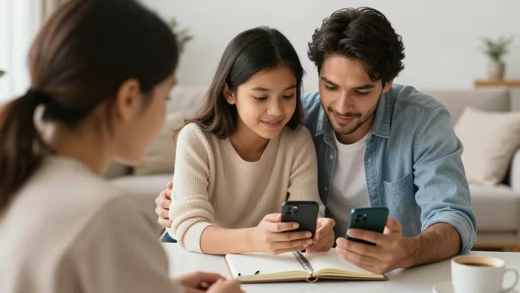 Padre o madre soltero sonriente organizando sus finanzas en casa con un smartphone y una libreta, ambiente acogedor y luz natural