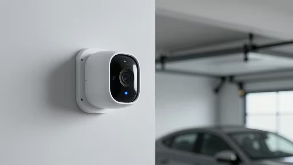White plastic smart security camera with blue LED mounted on garage wall, overlooking blurred car interior.