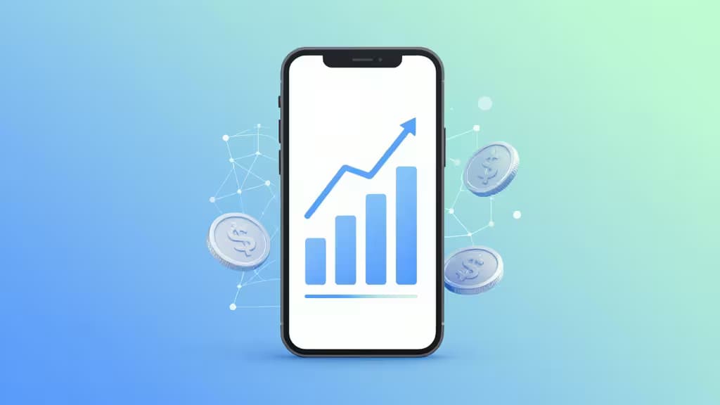 Un smartphone muestra un gráfico de barras azules ascendente, rodeado de monedas flotantes y nodos de red, simbolizando el crecimiento del ahorro impulsado por IA.