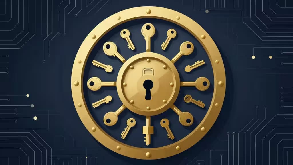 Golden vault door with radiating keys, set against dark circuit-board background, symbolizing secure multi-signature crypto treasury management.