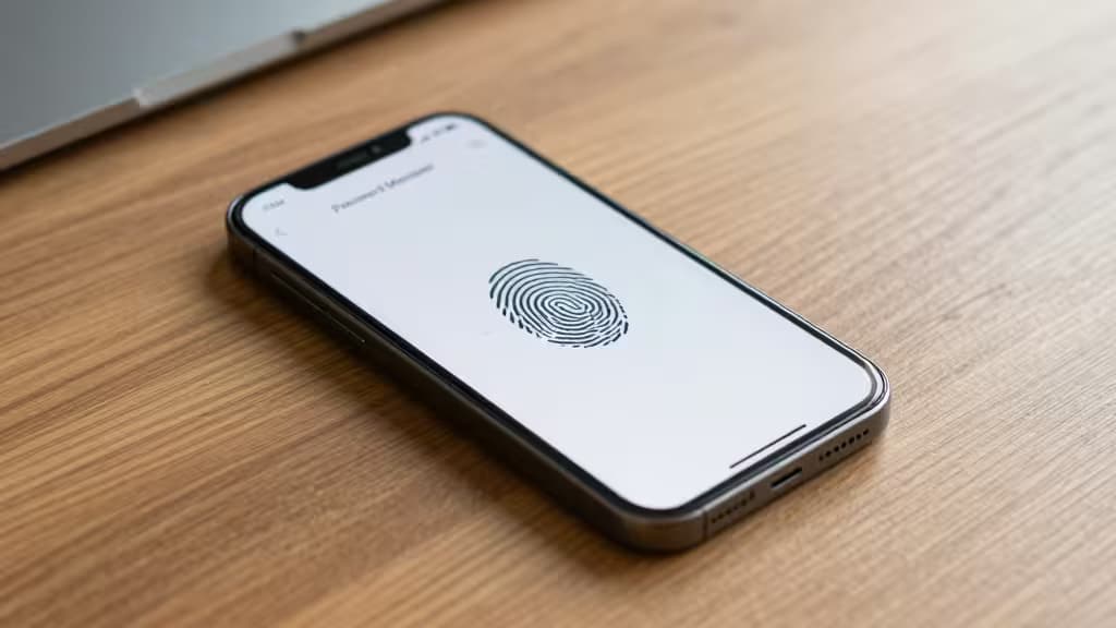Uno smartphone su una scrivania in legno mostra l'icona di un'impronta digitale, a simboleggiare l'accesso biometrico sicuro.