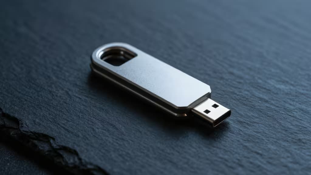 A sleek silver hardware security key rests diagonally on a dark, textured slate surface.