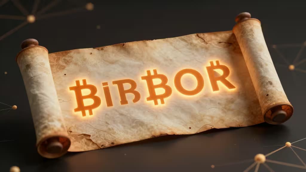 Glowing 'BiBOR' text on aged parchment scroll, flanked by wooden rollers, against dark background with network nodes.