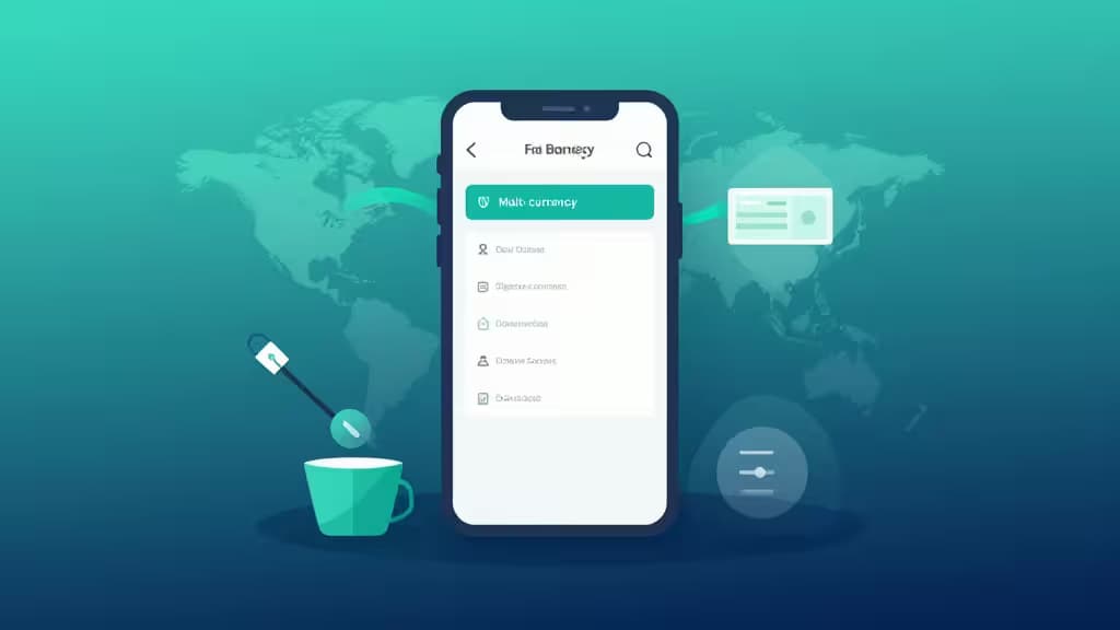 Smartfon wyświetla interfejs aplikacji neobanku z wyróżnioną opcją wielowalutowości, otoczony mapą świata, filiżanką kawy i ikonami finansowymi na tle gradientu w odcieniach teal.
