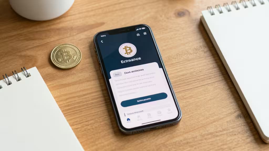 Smartphone displays crypto exchange app beside physical Bitcoin coin on wooden desk.