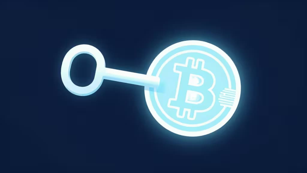 Een gloeiende sleutel ontgrendelt een lichtgevende Bitcoin-munt tegen een donkerblauwe achtergrond.