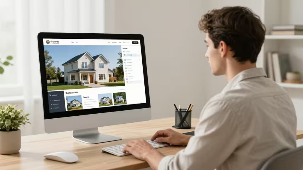 Agent immobilier travaillant sur un ordinateur avec des interfaces d'intelligence artificielle affichant des photos de maisons en home staging virtuel, dans un bureau lumineux et moderne