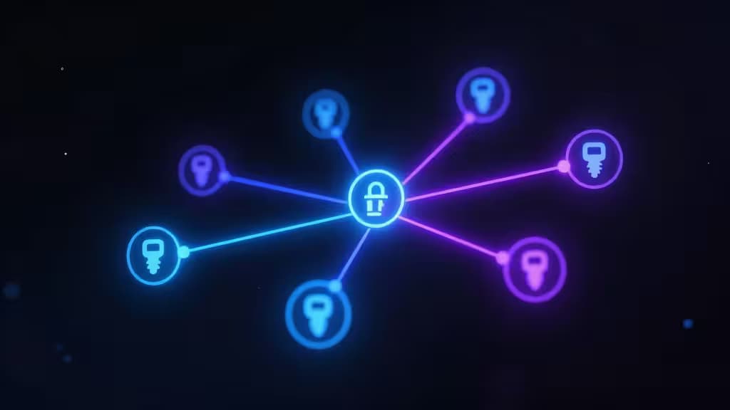 Un cadenas lumineux central relié à plusieurs icônes de clés par des lignes néon, symbolisant la gestion sécurisée des clés API.