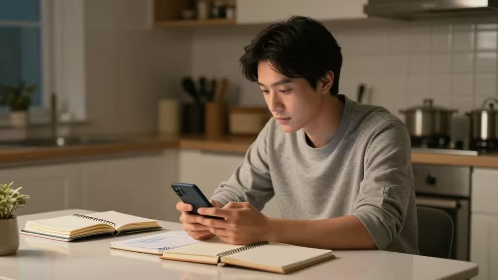 A single parent sitting at a kitchen table at night, reviewing a smartphone budgeting app under warm lamplight, with organized notebooks nearby