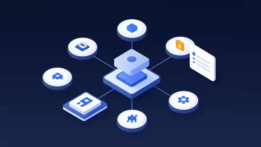 Abstrakte isometrische Illustration eines Developer-Portal-Dashboards mit verbundenen Service-Knoten und Plugin-Modulen auf dunkelblauem Hintergrund.