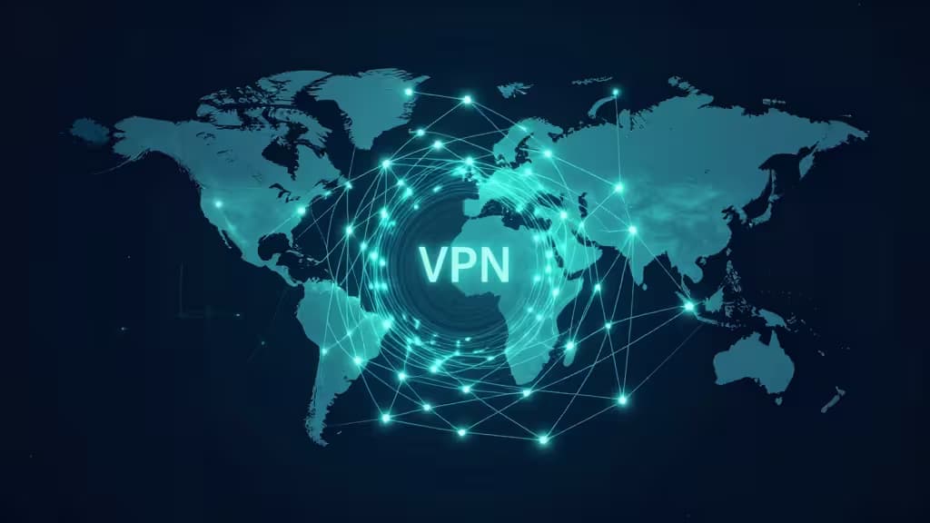 Illustration abstraite d'un tunnel sécurisé traversant un réseau de nœuds lumineux, symbolisant une connexion VPN privée contournant des barrières géographiques.