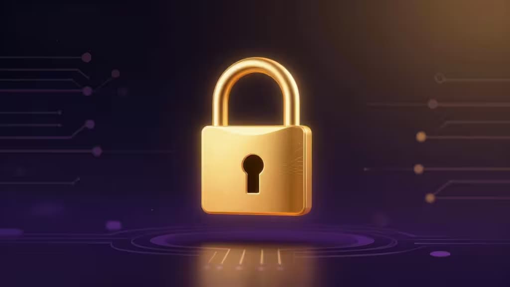 A glowing golden padlock floats above a purple digital platform, symbolizing secure self-custody for Solana staking and DeFi in 2026.