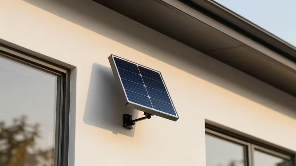 A black solar panel mounts on a beige exterior wall beside a window, angled toward sunlight for wireless security camera power.