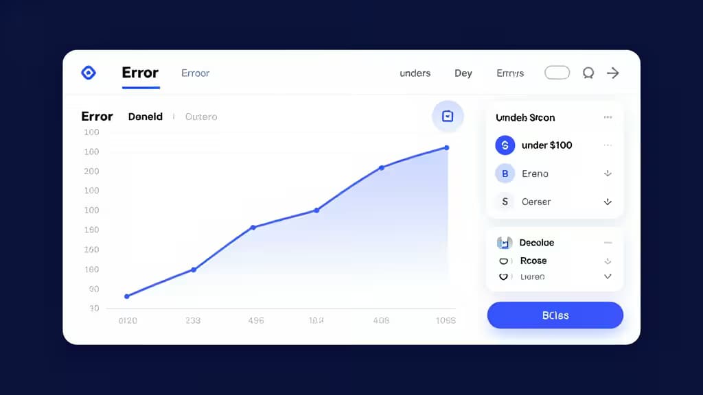 Un dashboard elegante de monitoreo de errores muestra un gráfico con una insignia que dice "under $100" en tonos azules y morados.