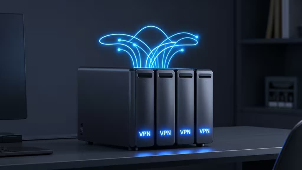 ブルーのLEDが光るNASサーバーの上に抽象的なVPN接続ラインが浮かぶイメージ