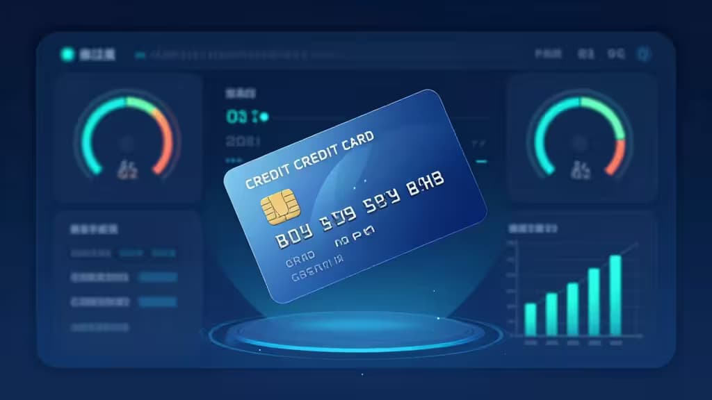 Abstrakte digitale Illustration einer virtuellen Kreditkarte über einem Business-Dashboard mit Ausgabenlimits und Transaktionsgrafiken in Blau- und Türkistönen