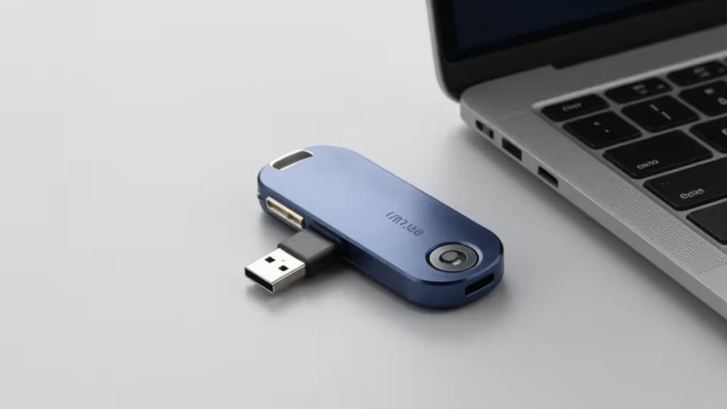 A blue YubiKey USB-C security key rests on a white desk beside a silver laptop, illustrating hardware-based protection for Google accounts.