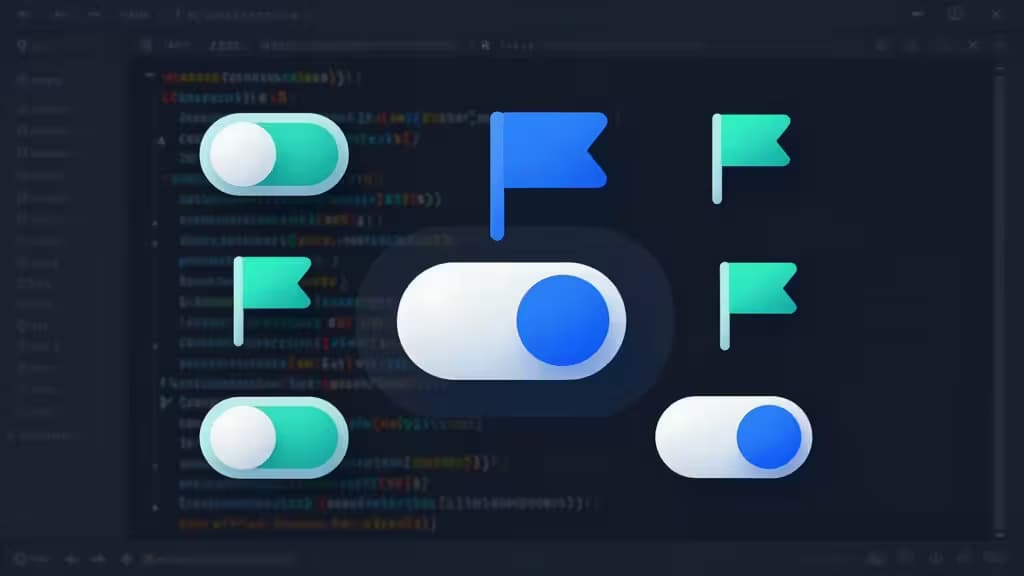 Abstracte illustratie van feature flags met schakelaars en vlag-iconen op een donkere code-achtergrond