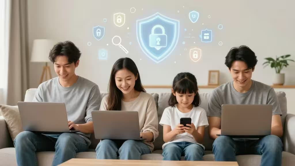 A family of four uses laptops and a phone on a couch, with glowing security icons above them.