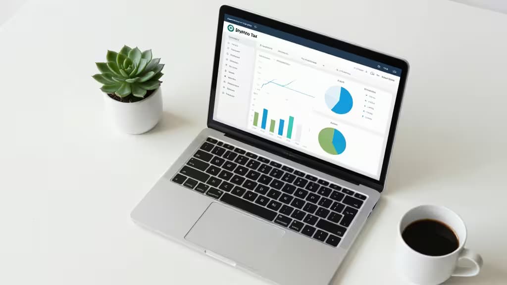 Laptop displays crypto tax software with charts, beside succulent and coffee cup on white desk.