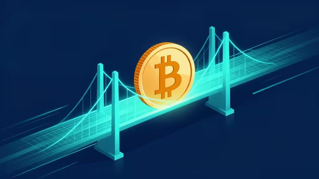 Rappresentazione astratta di un ponte digitale luminoso che collega valuta fiat a cryptocurrency, con linee di velocità e palette blu-teal in stile fintech minimalista.