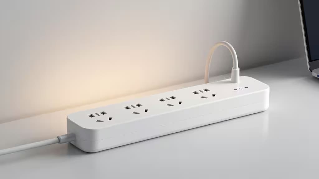 Régua inteligente branca com proteção contra surtos e portas USB, concebida para instalações de casa inteligente modernas.