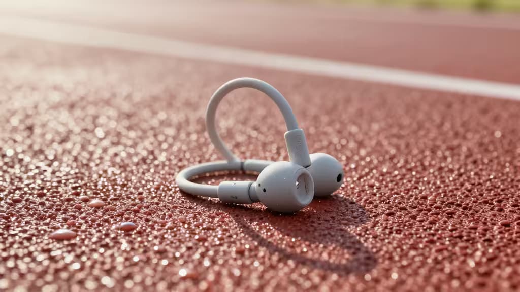 A wireless sport earbud with an ear hook resting on a running track surface in soft morning light, with water droplets visible on the earbud.