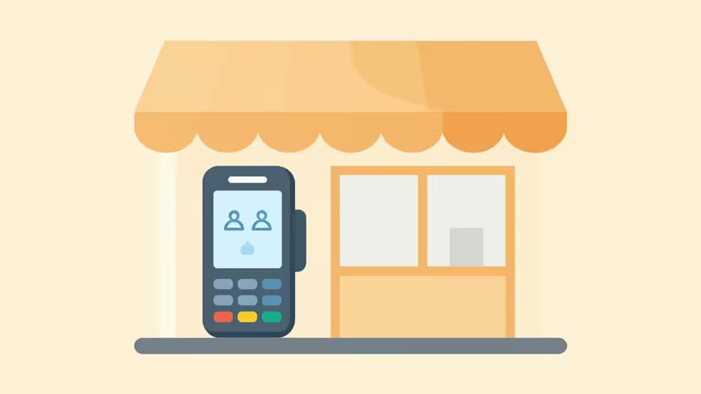 Flat illustration of a tan storefront with an orange awning, featuring a prominent digital payment terminal displaying user icons.