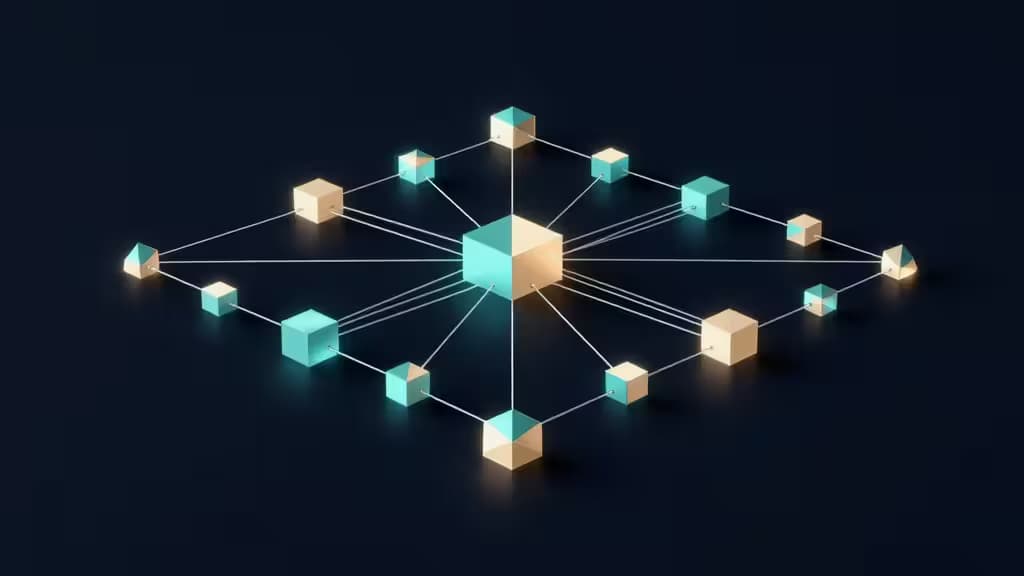 Visualisation abstraite d'une architecture backend: nœuds géométriques lumineux reliés par des flux de données sur fond bleu marine