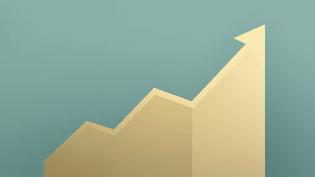 Um gráfico de barras dourado em 3D sobe acentuadamente contra um fundo turquesa, simbolizando o crescimento em investimentos via robo-advisors acessíveis para iniciantes.