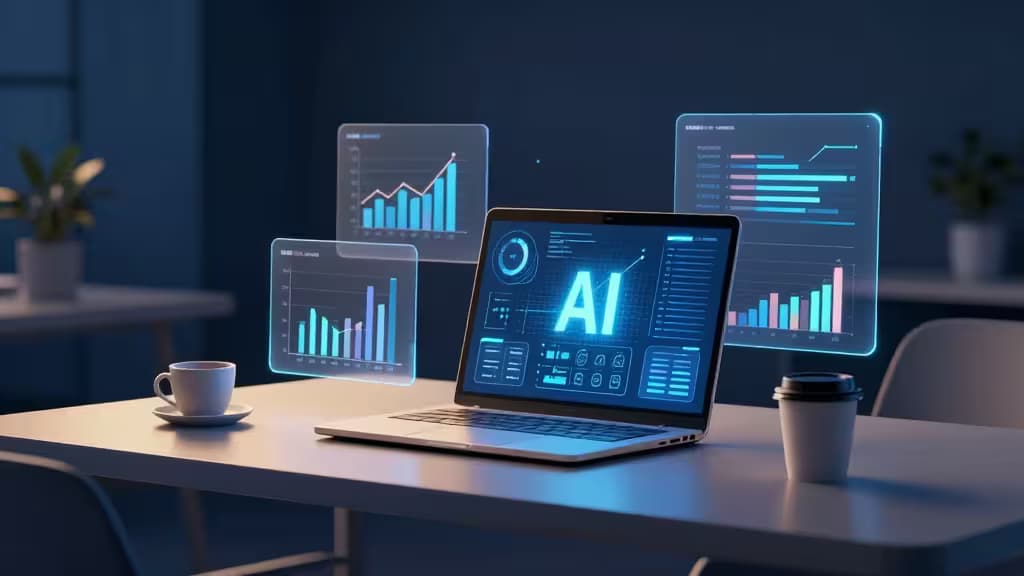 Laptop met AI-visualisaties omringd door holografische datagrafieken op een modern bureau met koffiekopjes.