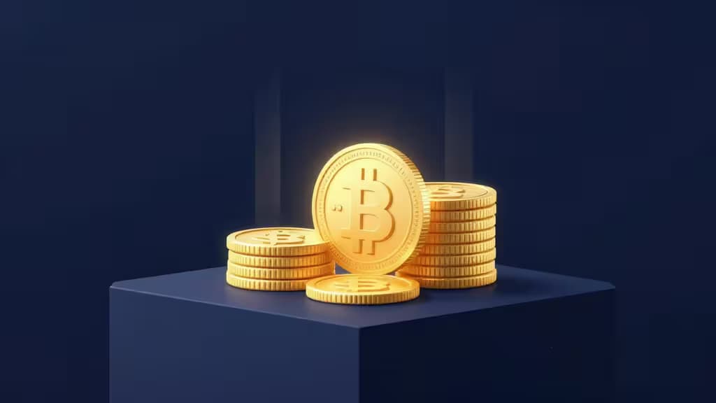 Pièces de cryptomonnaie dorées empilées sur un piédestal sombre avec des faisceaux lumineux ascendants, illustrant le staking crypto