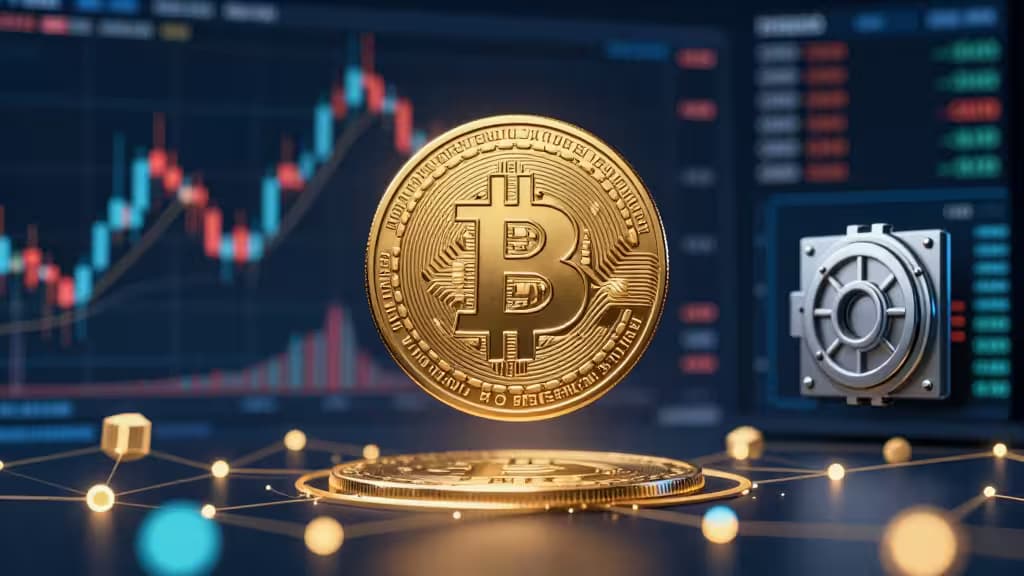 Abstrakte Darstellung von Bitcoin-Handel mit goldenem Bitcoin-Symbol über einem dunklen Trading-Dashboard und Blockchain-Netzwerk