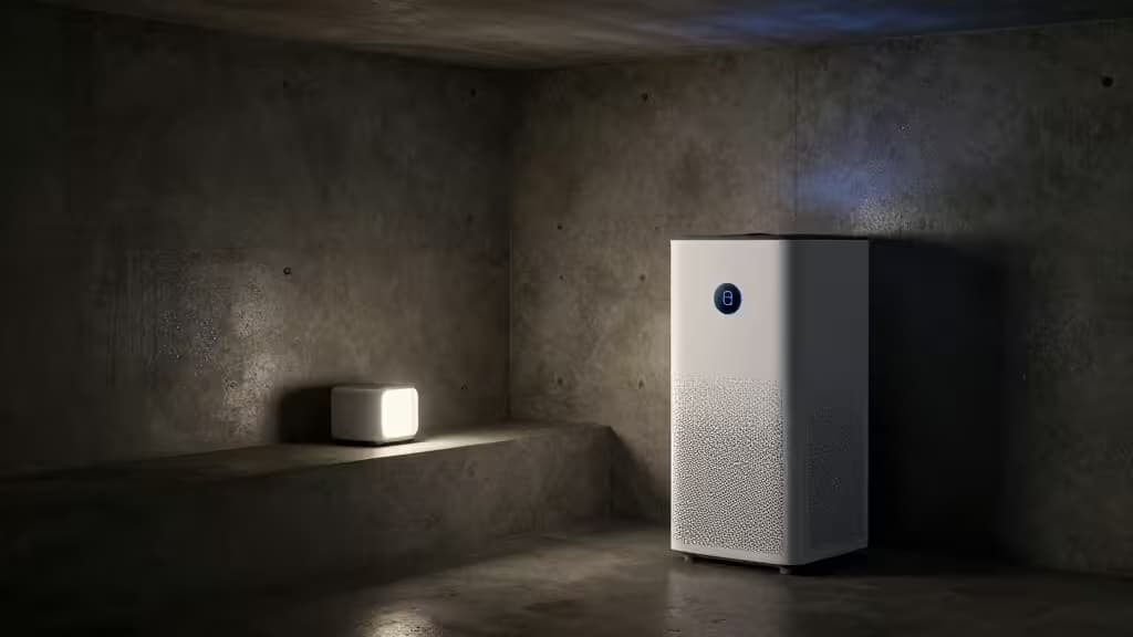 Schemerig betonnen kelderinterieur met een slimme luchtzuiveraar die zacht gloeit in de hoek en een kleine smart home hub op een plank
