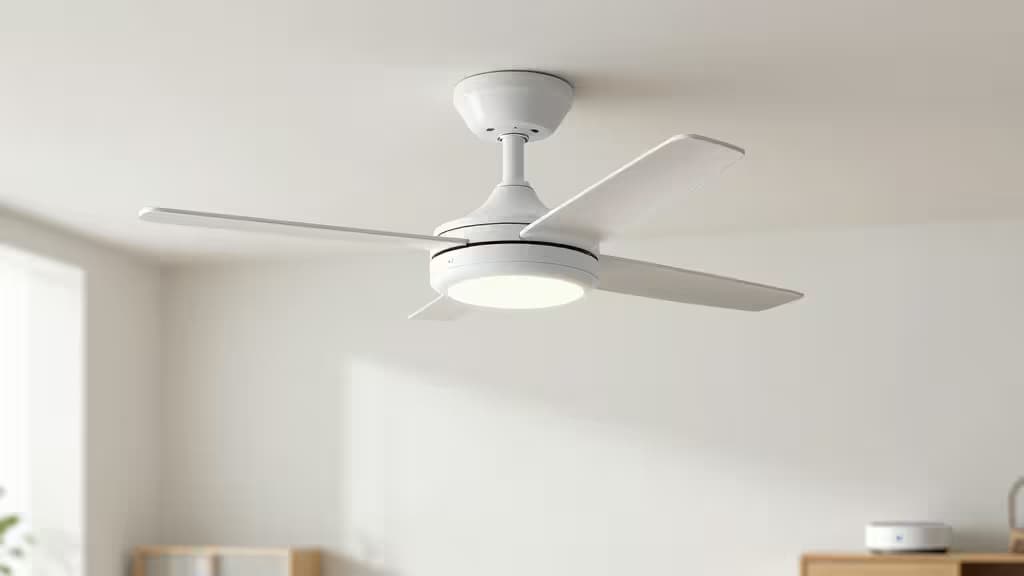 Ventilateur de plafond moderne dans un salon lumineux avec un hub domotique sur une table d'appoint