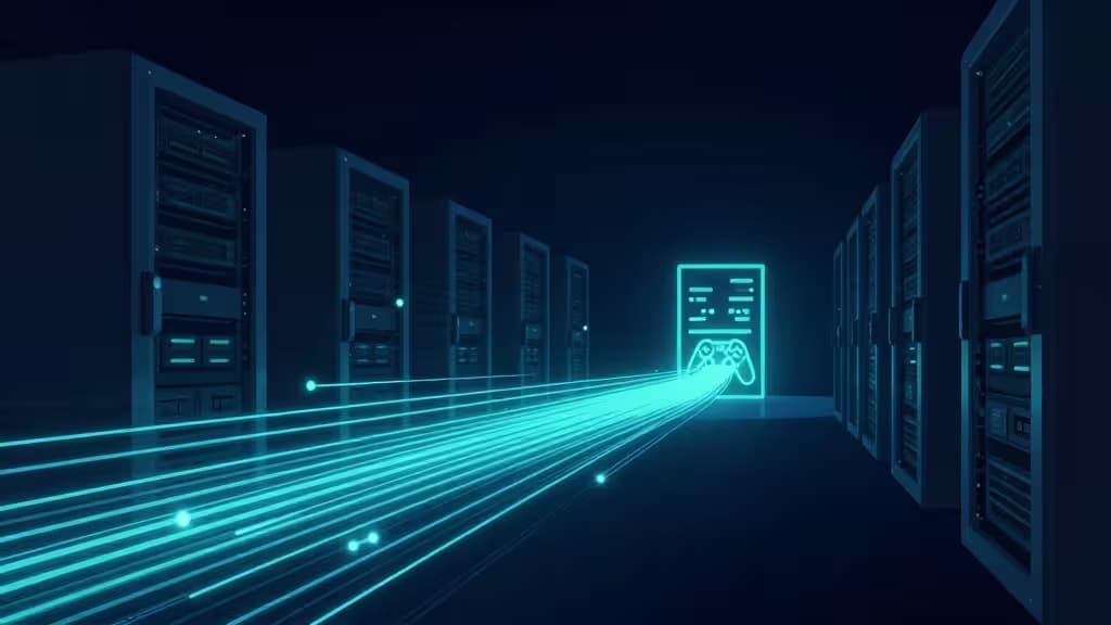 Server racks flank glowing blue data streams converging on a neon game controller icon, symbolizing low-latency cloud gaming.