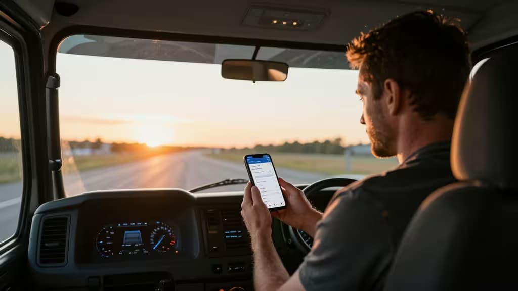Truck driver in Italy uses banking app on smartphone inside cab at sunset.