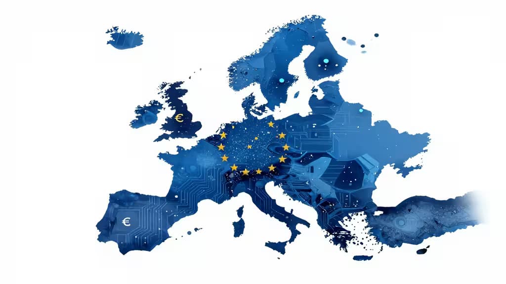 Blue circuit-board EU map features golden stars and euro symbols dissolving into digital particles.