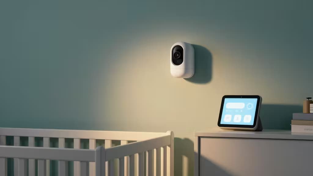 Une caméra de baby monitor blanche montée sur un mur teal au-dessus d'un lit blanc, avec un écran de maison connectée lumineux posé sur une étagère à proximité.