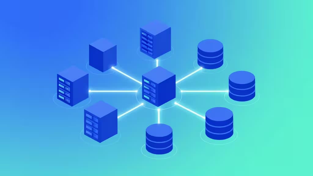 Blue server cubes and database cylinders connect via glowing lines on a gradient blue-green background, symbolizing integrated backend services.