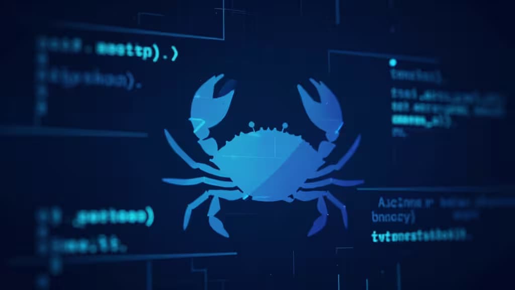 Un cangrejo azul brillante centrado sobre una interfaz digital oscura con fragmentos de código.