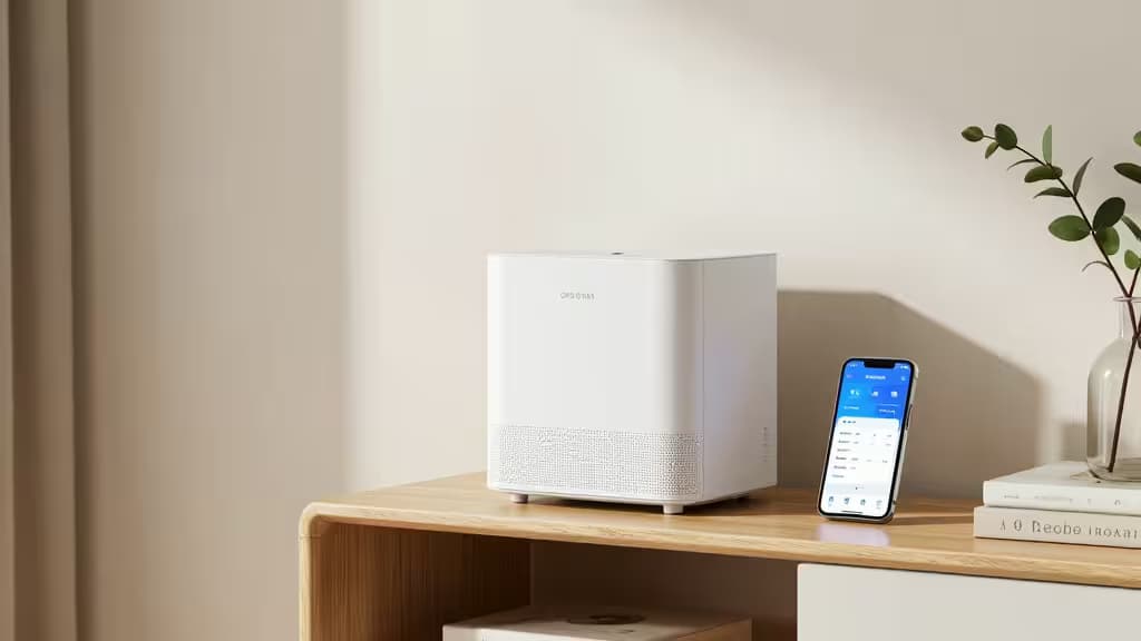 Un hub per la casa intelligente su uno scaffale di legno accanto a uno smartphone che mostra l'app di controllo, in un soggiorno moderno e luminoso.