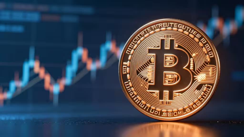 A gleaming Bitcoin coin rests on a reflective surface, with a blurred stock chart in the background.
