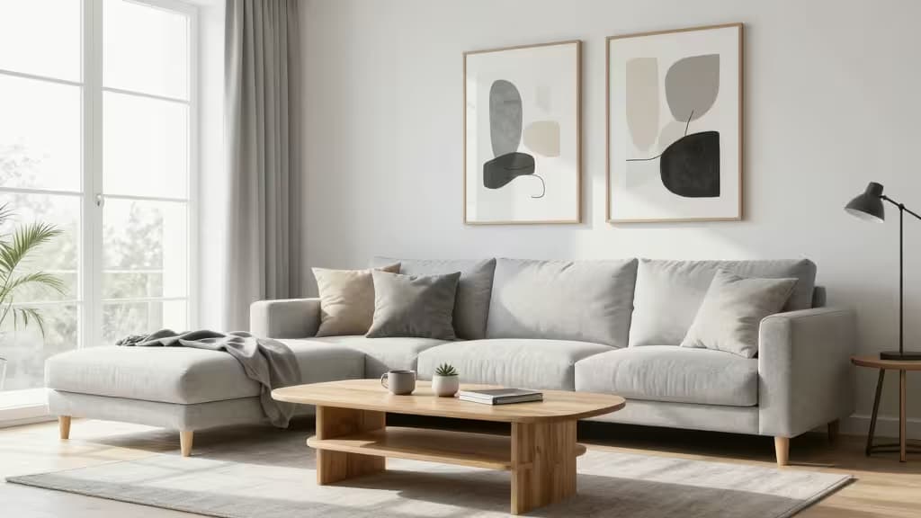Un soggiorno luminoso con divano sezionale grigio, tavolino in legno e arte astratta alle pareti.