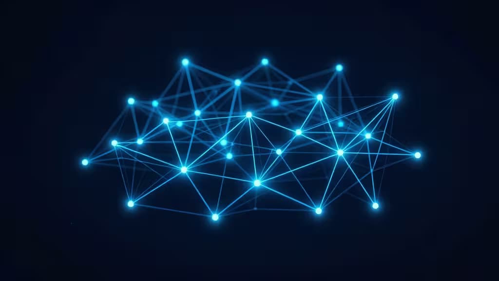 Glowing blue nodes connect via luminous lines, forming an abstract neural network structure against a dark background.