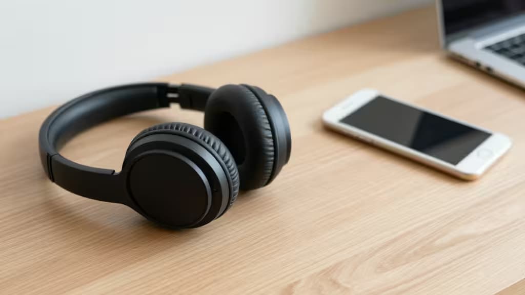 Black over-ear headphones rest on a light wood desk beside a white smartphone and laptop.