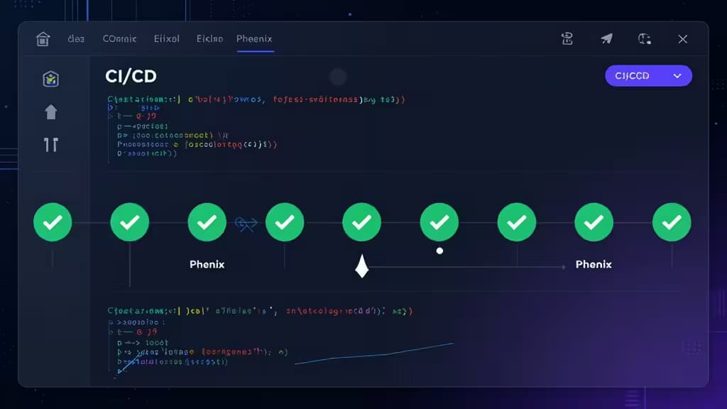 Dark UI dashboard displays green checkmarks and code snippets for Phoenix CI/CD pipeline.
