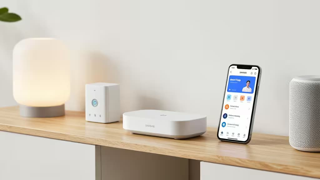 Samsung SmartThings hub on wooden table with smartphone app, lamp, and speaker.
